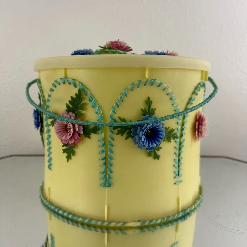 Vintage 70s Handmade Yellow Folk Art Kitschy Floral Ice Cream Bucket Container